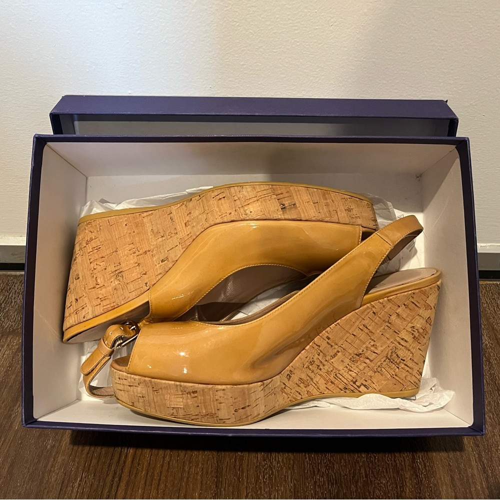 Stuart Weitzman Riveria Patent Leather Cork Wedge Sandals, size 9.5